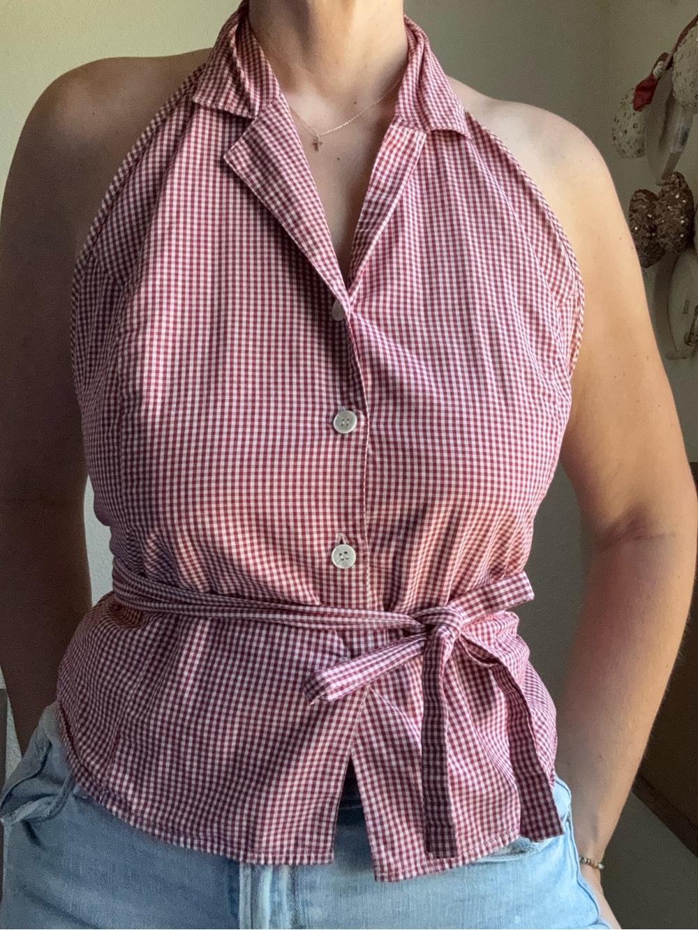 Vintage Gingham Halter Button-Front Top in Red